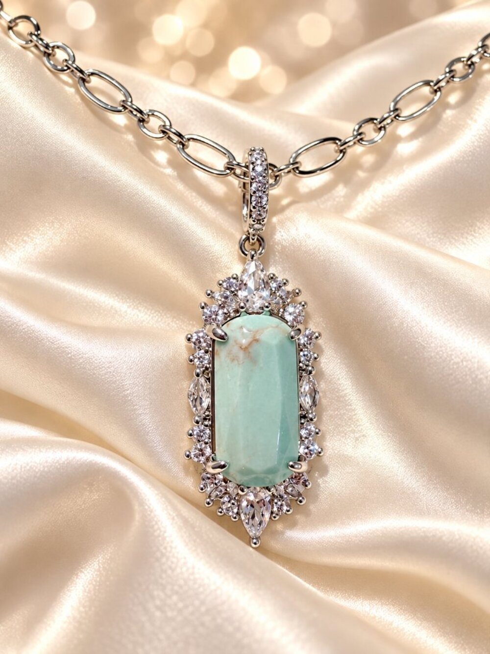 Simulated Turquoise Crystal Halo Pendant Necklace – Silver Tone
